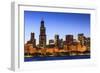 Chicago Skyline and Lake Michigan at Dusk with the Willis Tower on the Left, Chicago, Illinois, USA-Amanda Hall-Framed Photographic Print