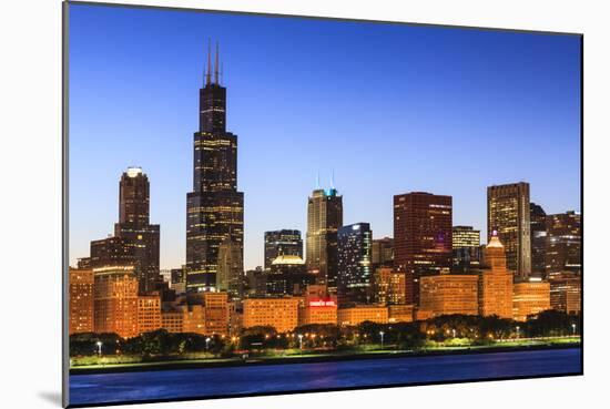 Chicago Skyline and Lake Michigan at Dusk with the Willis Tower on the Left, Chicago, Illinois, USA-Amanda Hall-Mounted Photographic Print