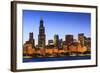 Chicago Skyline and Lake Michigan at Dusk with the Willis Tower on the Left, Chicago, Illinois, USA-Amanda Hall-Framed Photographic Print