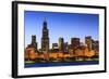 Chicago Skyline and Lake Michigan at Dusk with the Willis Tower on the Left, Chicago, Illinois, USA-Amanda Hall-Framed Photographic Print