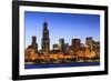 Chicago Skyline and Lake Michigan at Dusk with the Willis Tower on the Left, Chicago, Illinois, USA-Amanda Hall-Framed Photographic Print