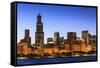 Chicago Skyline and Lake Michigan at Dusk with the Willis Tower on the Left, Chicago, Illinois, USA-Amanda Hall-Framed Stretched Canvas