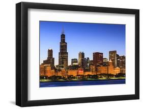 Chicago Skyline and Lake Michigan at Dusk with the Willis Tower on the Left, Chicago, Illinois, USA-Amanda Hall-Framed Premium Photographic Print