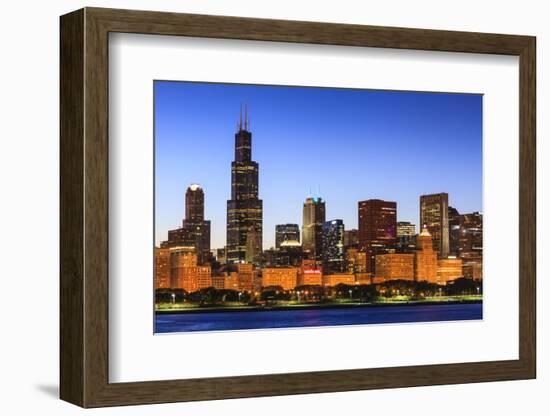 Chicago Skyline and Lake Michigan at Dusk with the Willis Tower on the Left, Chicago, Illinois, USA-Amanda Hall-Framed Photographic Print