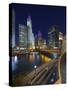 Chicago Skyline at Dusk over the Chicago River.-Jon Hicks-Stretched Canvas