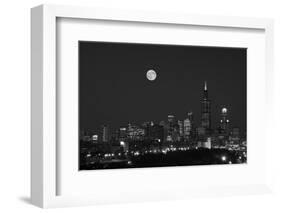 Chicago Skyline & Full Moon In Black & White-Steve Gadomski-Framed Photographic Print