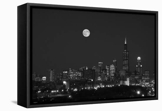 Chicago Skyline & Full Moon In Black & White-Steve Gadomski-Framed Stretched Canvas
