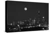 Chicago Skyline & Full Moon In Black & White-Steve Gadomski-Stretched Canvas