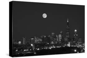 Chicago Skyline & Full Moon In Black & White-Steve Gadomski-Stretched Canvas