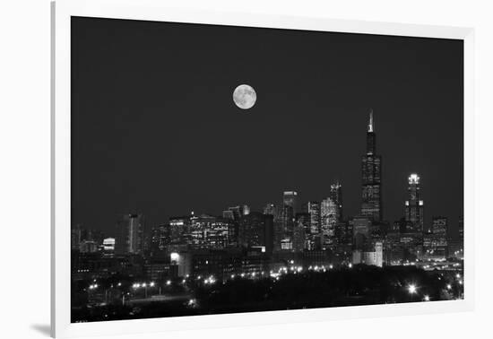 Chicago Skyline & Full Moon In Black & White-Steve Gadomski-Framed Photographic Print