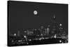 Chicago Skyline & Full Moon In Black & White-Steve Gadomski-Stretched Canvas