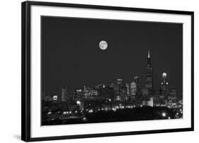 Chicago Skyline & Full Moon In Black & White-Steve Gadomski-Framed Photographic Print