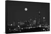 Chicago Skyline & Full Moon In Black & White-Steve Gadomski-Framed Stretched Canvas