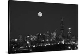 Chicago Skyline & Full Moon In Black & White-Steve Gadomski-Stretched Canvas