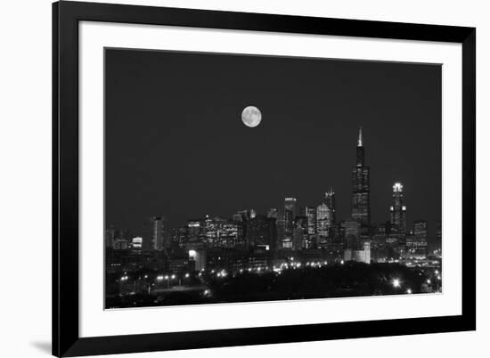 Chicago Skyline & Full Moon In Black & White-Steve Gadomski-Framed Photographic Print