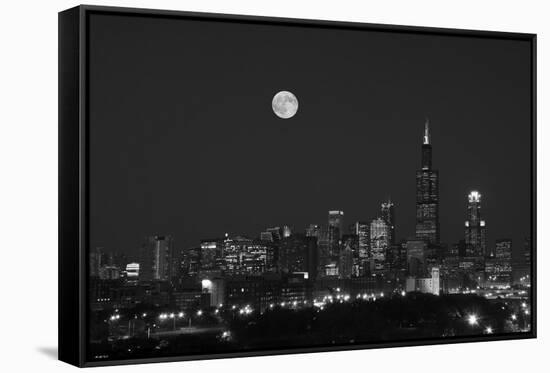 Chicago Skyline & Full Moon In Black & White-Steve Gadomski-Framed Stretched Canvas