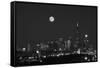 Chicago Skyline & Full Moon In Black & White-Steve Gadomski-Framed Stretched Canvas