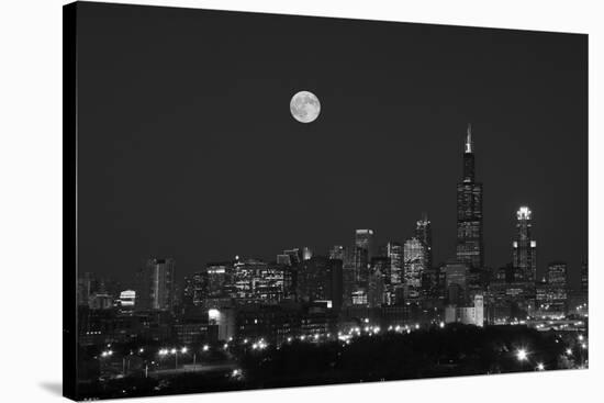 Chicago Skyline & Full Moon In Black & White-Steve Gadomski-Stretched Canvas