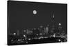 Chicago Skyline & Full Moon In Black & White-Steve Gadomski-Stretched Canvas