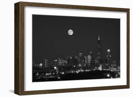 Chicago Skyline & Full Moon In Black & White-Steve Gadomski-Framed Photographic Print