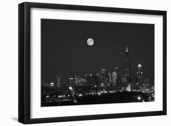 Chicago Skyline & Full Moon In Black & White-Steve Gadomski-Framed Photographic Print