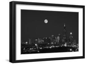 Chicago Skyline & Full Moon In Black & White-Steve Gadomski-Framed Photographic Print