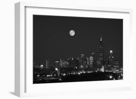 Chicago Skyline & Full Moon In Black & White-Steve Gadomski-Framed Photographic Print