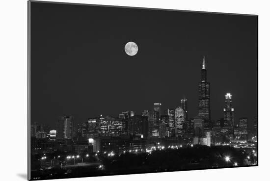Chicago Skyline & Full Moon In Black & White-Steve Gadomski-Mounted Photographic Print