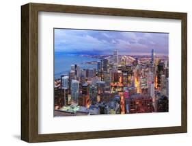 Chicago Skyline Panorama Aerial View with Skyscrapers over Lake Michigan with Cloudy  Sky at Dusk.-Songquan Deng-Framed Photographic Print