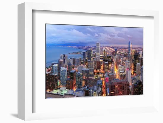 Chicago Skyline Panorama Aerial View with Skyscrapers over Lake Michigan with Cloudy  Sky at Dusk.-Songquan Deng-Framed Photographic Print