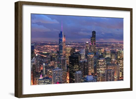 Chicago Skyline Panorama Aerial View with Skyscrapers with Cloudy  Sky at Dusk.-Songquan Deng-Framed Photographic Print