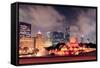 Chicago Skyline Panorama with Skyscrapers and Buckingham Fountain in Grant Park at Night Lit by Col-Songquan Deng-Framed Stretched Canvas