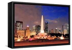 Chicago Skyline Panorama with Skyscrapers and Buckingham Fountain in Grant Park at Night Lit by Col-Songquan Deng-Framed Stretched Canvas