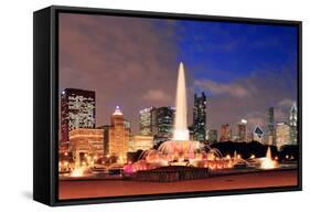 Chicago Skyline Panorama with Skyscrapers and Buckingham Fountain in Grant Park at Night Lit by Col-Songquan Deng-Framed Stretched Canvas