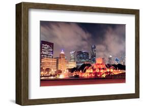 Chicago Skyline Panorama with Skyscrapers and Buckingham Fountain in Grant Park at Night Lit by Col-Songquan Deng-Framed Photographic Print