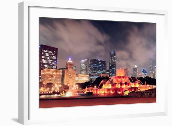 Chicago Skyline Panorama with Skyscrapers and Buckingham Fountain in Grant Park at Night Lit by Col-Songquan Deng-Framed Photographic Print