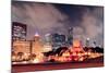 Chicago Skyline Panorama with Skyscrapers and Buckingham Fountain in Grant Park at Night Lit by Col-Songquan Deng-Mounted Photographic Print