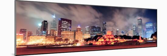 Chicago Skyline Panorama with Skyscrapers and Buckingham Fountain in Grant Park at Night Lit by Col-Songquan Deng-Mounted Photographic Print