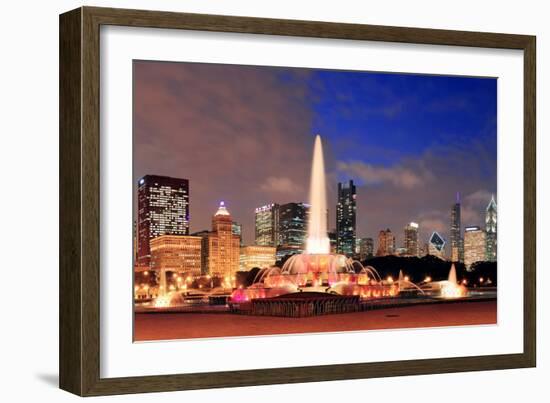 Chicago Skyline Panorama with Skyscrapers and Buckingham Fountain in Grant Park at Night Lit by Col-Songquan Deng-Framed Photographic Print