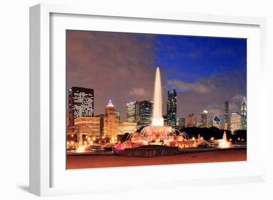 Chicago Skyline Panorama with Skyscrapers and Buckingham Fountain in Grant Park at Night Lit by Col-Songquan Deng-Framed Photographic Print