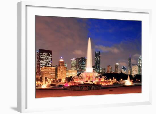 Chicago Skyline Panorama with Skyscrapers and Buckingham Fountain in Grant Park at Night Lit by Col-Songquan Deng-Framed Photographic Print