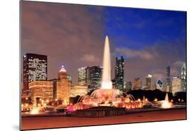 Chicago Skyline Panorama with Skyscrapers and Buckingham Fountain in Grant Park at Night Lit by Col-Songquan Deng-Mounted Photographic Print