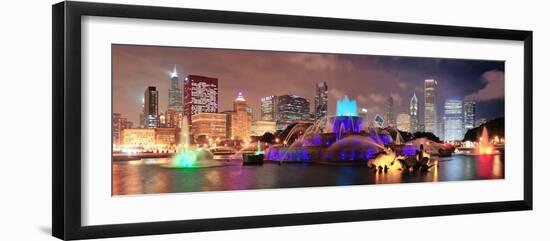 Chicago Skyline Panorama with Skyscrapers and Buckingham Fountain in Grant Park at Night Lit by Col-Songquan Deng-Framed Photographic Print