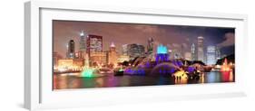 Chicago Skyline Panorama with Skyscrapers and Buckingham Fountain in Grant Park at Night Lit by Col-Songquan Deng-Framed Photographic Print