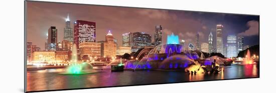 Chicago Skyline Panorama with Skyscrapers and Buckingham Fountain in Grant Park at Night Lit by Col-Songquan Deng-Mounted Photographic Print