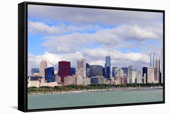 Chicago Skyline Panorama with Skyscrapers over Lake Michigan with Cloudy Blue Sky.-Songquan Deng-Framed Stretched Canvas