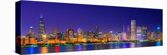 Chicago skyline with Cubs World Series lights night, Lake Michigan, Chicago, Cook County, Illino...-null-Stretched Canvas