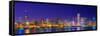 Chicago skyline with Cubs World Series lights night, Lake Michigan, Chicago, Cook County, Illino...-null-Framed Stretched Canvas