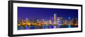 Chicago skyline with Cubs World Series lights night, Lake Michigan, Chicago, Cook County, Illino...-null-Framed Photographic Print