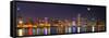 Chicago skyline with Cubs World Series lights night, Moonrise, Lake Michigan, Chicago, Cook Coun...-null-Framed Stretched Canvas